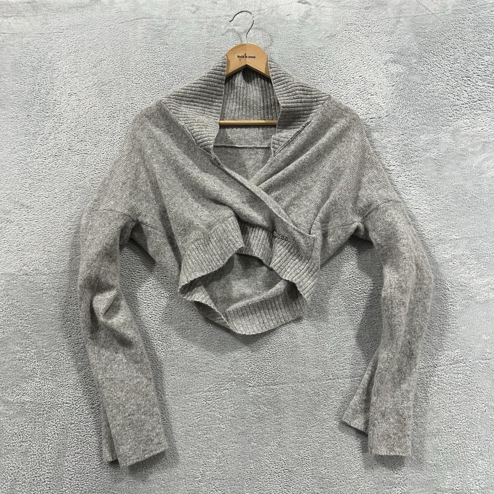 Misis VNeck Crop Sweater Women S Gray Baggy Angora Wool Wrap Bell Sleeve Y2K